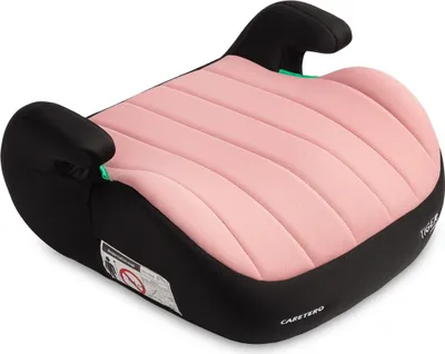 A pink and black child's car seat booster.