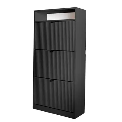 A black, three-door shoe cabinet with a ribbed texture and a shelf at the top, shown against a white background.