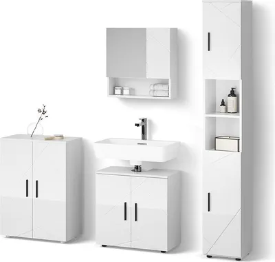 Immagine prodotto di Set mobili bagno Livinity Ronco Bianco lucido 4 parti, con armadio alto e cassettiera, Model 52622