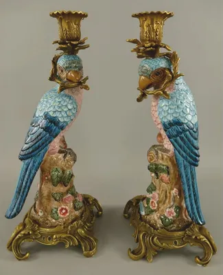 Barock Porzellan Kerzenhalter Set Vögel Blau Bunt Messing