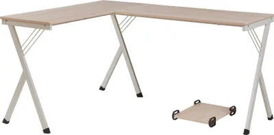 An L-shaped desk with a small square shelf with wheels in front of it, all on a white background.