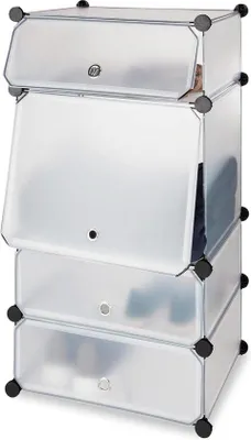 Obrázok produktu pre Systém priehľadných políc so 4 priehradkami – plastová skriňa na topánky pre 8 párov – rozmery 91 x 49 x 36,5 cm