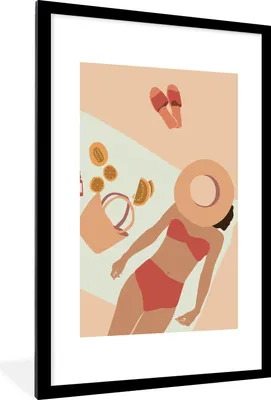 Produktbild von MuchoWow® MuchoWow® Gerahmtes Poster Frauen - Hut - Pantoffeln - Strand 60x90 cm - Poster mit zchwarzem Bilderrahmen - Dekoration - Wandposter Wohnzimmer - Hochwertig
