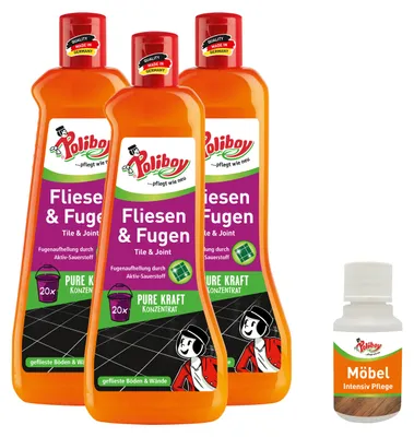 Produktbild von Poliboy Fliesen & Fugen Konzentrat - 3x500ml - zur kraftvollen Reinigung aller gefliesten Oberflächen - für Innen- und Außenbereiche - mit Möbel Probe