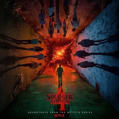 The image depicts the cover art for the Stranger Things Season 4 soundtrack, featuring characters from the show in a surreal, otherworldly setting.