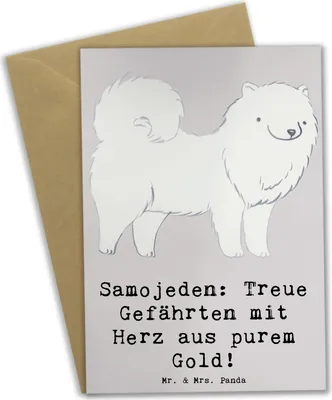 Produktbild von Mr. & Mrs. Panda Grußkarte Samojede Herz - Grau Pastell - Geschenk, Grußkarten, Familie, weihnachtskarten, treue Begleiter, aus Gold, Hunde, Hunderassen Beschreibung
