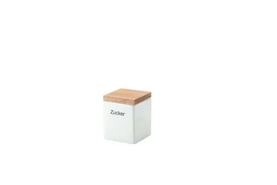 A white square storage container with a wooden lid, labeled 'Zucker'.