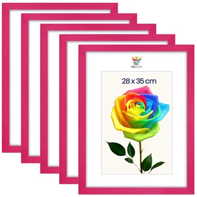 Obrázok produktu pre MG Design, sada 5 kusov rámov na obrázky, 28 x 35 cm – fotorámiky s ružovým dreveným rámom a nárazuvzdorným akrylovým sklom, vhodné na zavesenie aj na postavenie (vertikálne aj horizontálne)