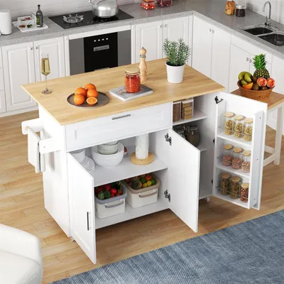 Obrázok produktu pre Kuchynský ostrovček na kolieskach s výklopnou pracovnou doskou, s zásuvkou, poličkou na korenie a 3 dvierkami, bielej farby, rozmer 132,5 x 44 (70) x 90 cm