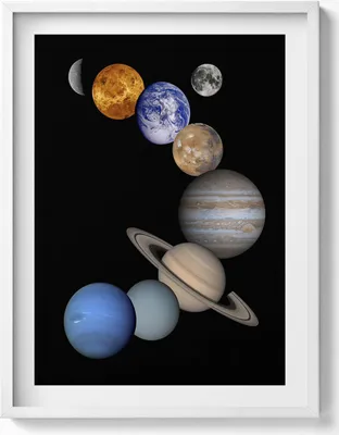 Produktbild von Illustration der Planeten des Sonnensystems– Wandbild mit Rahmen – Gerahmtes Bild  – Wanddekoration – 60x80 cm –  Weiß Rahmen