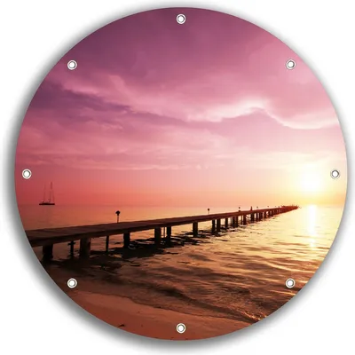 Produktbild von Wallario rundes Outdoor-Poster für Garten oder Balkon, Motiv Auf dem Weg zur Sonne  Steg am Meer, 30 cm Durchmesser