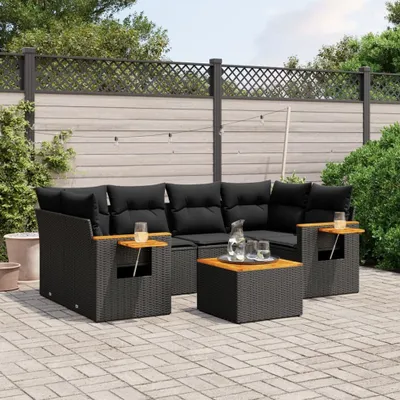Produktbild von Design 7-tlg. Garten-Sofagarnitur mit Kissen Schwarz Poly Rattan, Gartenmöbel-Sets 2024 Neu