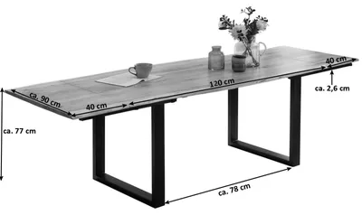 Produktbild von Baumkantentisch 120 (200) x 90 cm Adina, Akazienholz naturfarben & massiv, Esszimmertisch mit 2 Ansteckplatten, Schwarzes U-Metallgestell