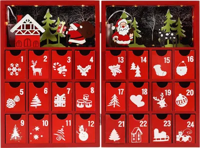 Produktbild von Rebecca Mobili Roter Adventskalender in Buchform mit 24 Schubladen und Lichtern