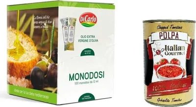 Produktbild von Di Carlo Natives Olivenöl Extra HO.RE.CA 100 Einzeldosen à 12 ml+ Italian Gourmet polpa 400g
