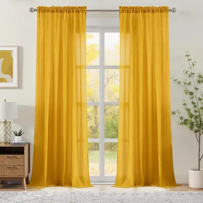 Produktbild von Lichtfilternde, durchsichtige Vorhänge aus natürlichem Baumwollleinen, 213 cm lang, für Schlafzimmer und Wohnzimmer, rustikale Stangentasche, knisternde Voile-Vorhänge, 132,1 x