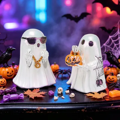 Productafbeelding van 2 stuks Halloween-decoratie: schattige, griezelige pompoenen van hars