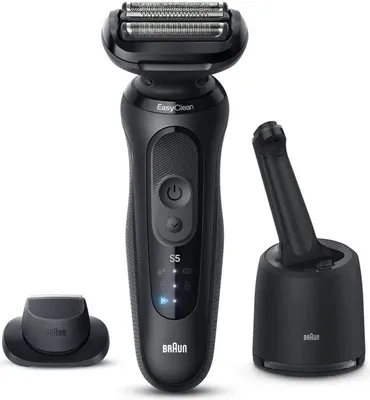 A black Braun Series 5 electric shaver with its cleaning station and a trimmer attachment, displayed on a white background.