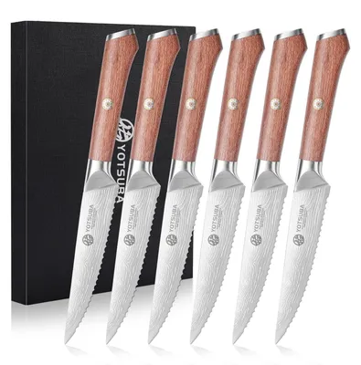 Produktbild von Steakmesser Set 6-teilig, 12cm, Deutscher Edelstahl, gezahnt, Holzgriff, Geschenkbox