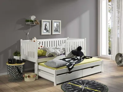 Produktbild von KEF Kinderbett PATRICK Bett aus Holz mit Stauraum Ausziehbett für ZWEI Personen mit Matratze Weiß 80x170 cm