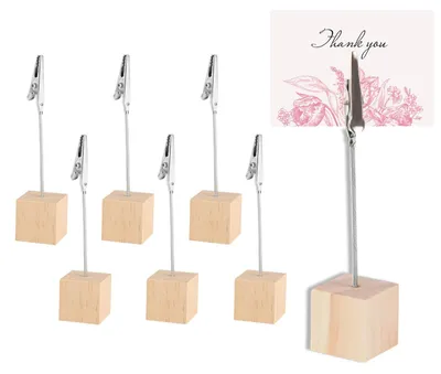 Produktbild von Kartenständer mit Krokodilverschluss - 6 Stück Fotohalter mit Holzsockel - Für Bilder Karten und Notizen