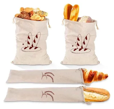 Produktbild von Brotbeutel Leinen, 4er Set Brotsack mit Kordelzug Baguette Brotsack Leinenbeutel Wiederverwendbar für Brot Backen Obst Gemüse Aufbewahrung Frischhalten Brottasche