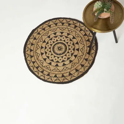 Image de HOMESCAPES Tapis rond Mandala 90 cm – Tapis en jute tressé, noir-naturel
