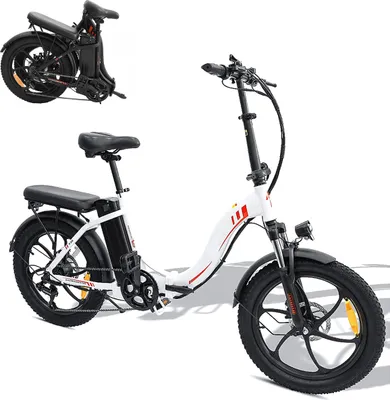 A white folding electric bicycle with black tires and seat, shown from a side-angle.