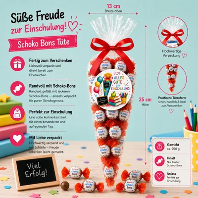 Produktbild von Kinder Schoko-Bons Geschenktüte 200 g – Alles Gute zur Einschulung – Fertig verpacktes Geschenk zum Schulanfang – Candy & Bar®, KI-generiertes Bild