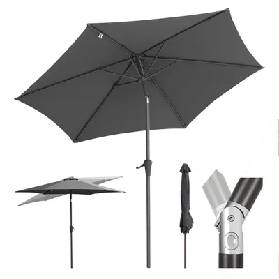 A dark gray patio umbrella is shown in various states: fully open, partially open, closed, and a close-up of its tilting mechanism.