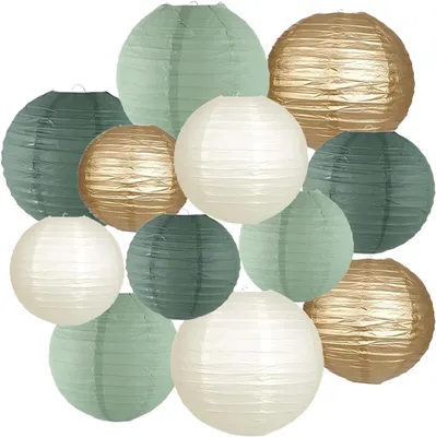 Productafbeelding van Vintage papieren lampions in saliegroen - Set van 12 - Goud en ivoor - Ronde papieren lantaarns - Decoratie voor communie - Doop - Bruiloft