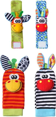 Image de Bébé pied hochet chaussettes animal peluche rempli de coton couleur vive poignet cheville pour les tout-petits