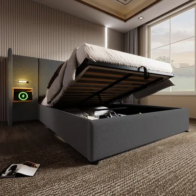 Produktbild von MODFU Polsterbett Hydraulisches Stauraumbett Doppelbett 180×200 mit Nachttisch, Leselampe und USB Type-C Ladefunktion, Bettanlage Stauraumbett Bettgestell mit Lattenrost aus Massivholz und Metall, Grau, Leinen Ohne Matratze