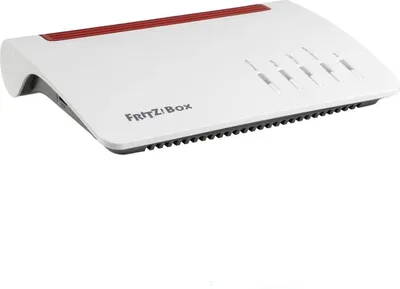 A white FRITZ!Box router with a red accent strip on a white background.