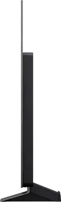 Side view of a black LG OLED TV on a stand.