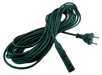A coiled green power cord with a European-style plug.