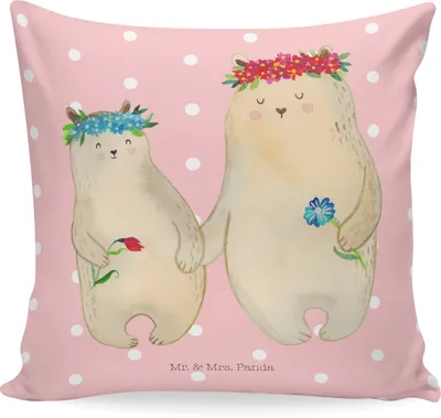 Produktbild von Mr. & Mrs. Panda kissen für sofa Bären mit Blumenkranz - Rot Pastell - Geschenk, Familie, Polster, Tochter, Dekokissen, 40x40, Deko, Family, Mutter, Mama, Muttertag