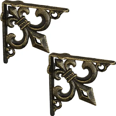Image de Équerres de support pour étagères Relaxdays style antique, lot de 2, supports en fonte, motif de lys, équerres murales vintage pour étagères, bronze