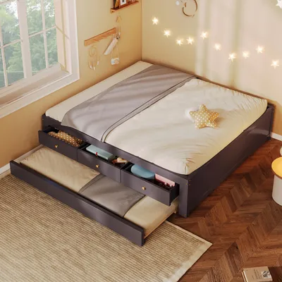 Imagen del producto de STILVORA: Estructura de cama de madera de 140 x 200 cm con colchón, con 3 cajones. Cama infantil con cama extraíble para invitados. Cama individual de madera