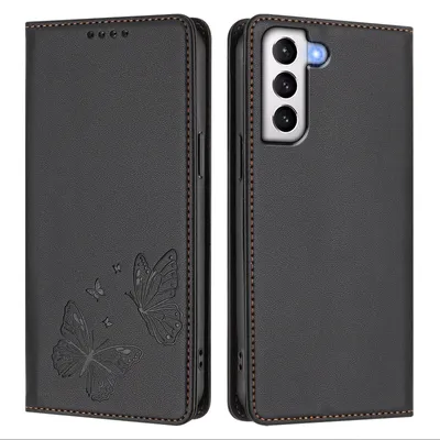 Image de Étui en cuir pour Samsung Galaxy S21+ 5G, motif papillon, étui portefeuille à rabat avec support, noir