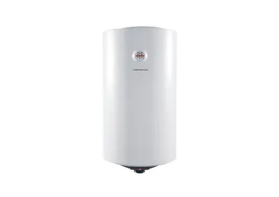 A white cylindrical water heater is shown against a white background.