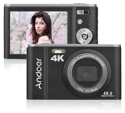 Obrázok produktu pre Prenosný digitálny fotoaparát Andoer 48 MP, 4K, 2,8-palcový IPS displej, 16-násobný zoom, samospúšť, rozpoznávanie tváre, stabilizácia obrazu, vstavaná batéria, s remienkom na ruku a puzdrom