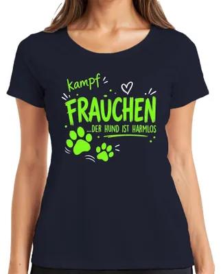 Obrázek produktu pro Tričko s nápisem "Kampffrauchen" (což lze volně přeložit jako "bojovnice"), obrázek psa, nápis "pes je neškodný", sarkasmus, dámské tričko, tmavě modrá barva, velikost XXL