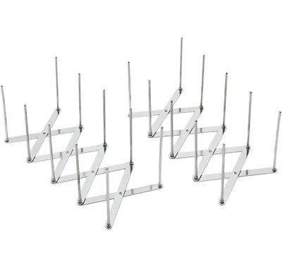 A stainless steel, accordion-style rack with multiple vertical prongs is shown against a white background.