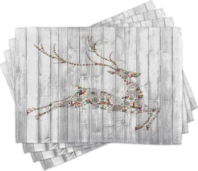 Produktbild von ABAKUHAUS Hirsch Platzmatten, Buntes Tierschattenbild mit verschiedenen künstlerischen Weihnachtselement-hölzernen Planken, 30 x 45 cm, Mehrfarbig Grau