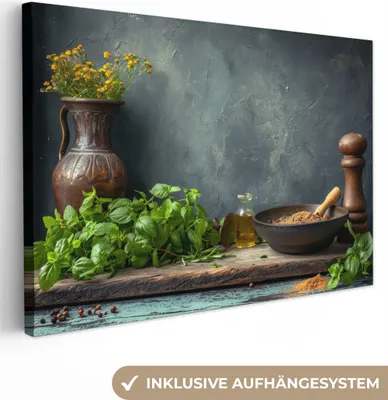 Produktbild von MuchoWow® - Leinwandbilder - Stilleben - Kräuter - Gewürze - Industriell - Rustikal, Wandbild, Wanddeko Bilder Wohnzimmer, 60x40 cm