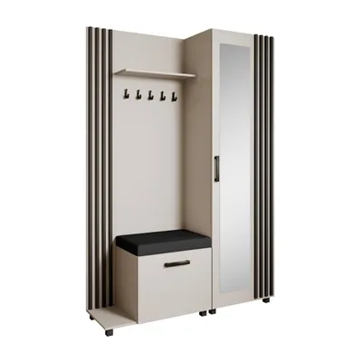 Produktbild von Garderoben-Set LIVIA Links Kaschmir – Garderobenschrank mit Spiegel, Schuhschrank mit schwarzen Sitzkissen, Lamellen in Schwarz, Hochschrank