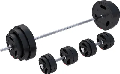 A set of weightlifting equipment, including a barbell and dumbbells, is displayed on a white background.