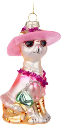 Produktbild von BRUBAKER Designer Katze mit Mode Hut, Sonnenbrille, Kleid & Handtasche - Handbemalte Weihnachtskugel aus Glas - Christbaumschmuck Lustig - 12 cm
