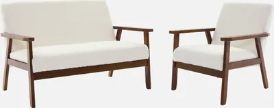 Produktbild von sweeek - 2-Sitzer-Banksofa und Sessel mit Bouclé-Stoff, Füße in nussbaumfarben hell - Kunstlammfell Weiß